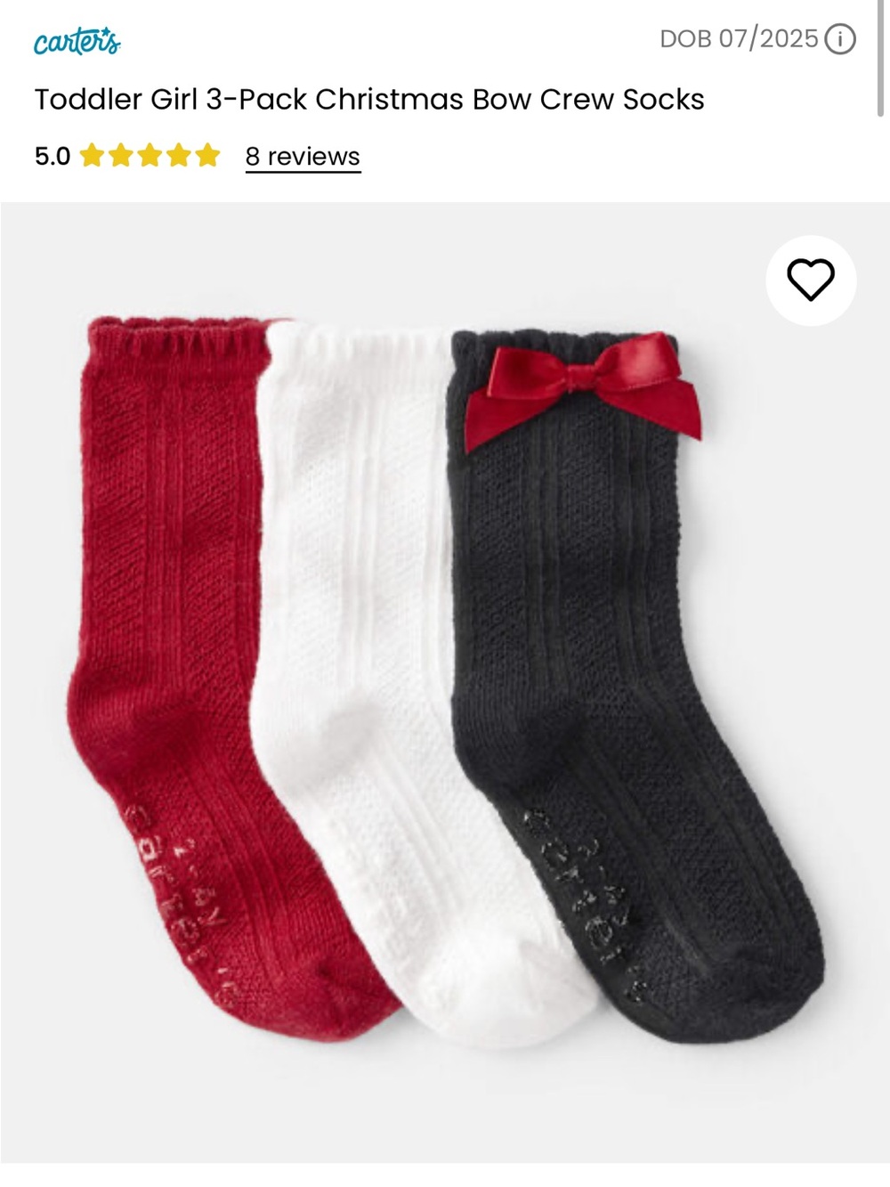 Carter's 3-Pack Toddler Crew Socks in Red, White & Black with Bow